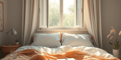 Cozy bed with green plants, large open window, sunny morning, glass of water, symbolizing a healthy morning routine.
