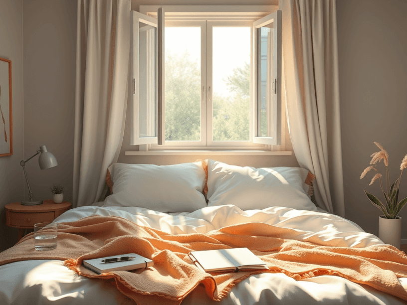 Cozy bed with green plants, large open window, sunny morning, glass of water, symbolizing a healthy morning routine.