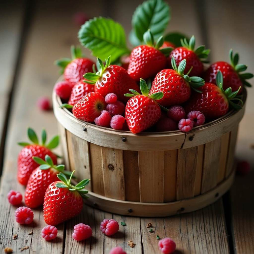 A basket filled with fresh, ripe strawberries and raspberries on a rustic table, capturing the vibrant essence of spring produce