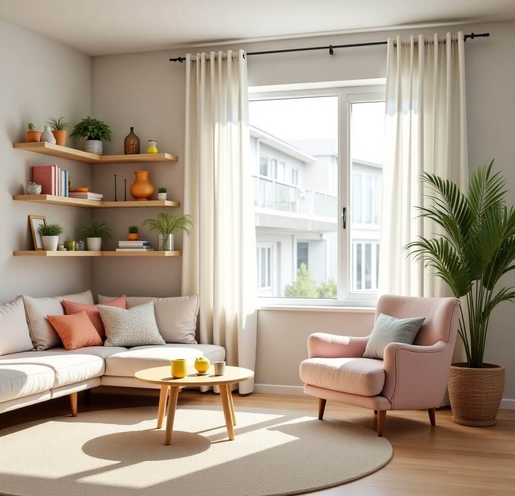 A sunlit modern living room with minimalist design, organized shelves, and soft pastel accents