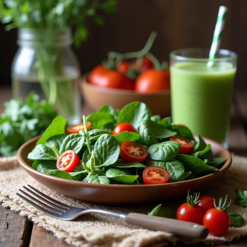 Rustic kitchen featuring a fresh spring salad with spinach, parsley, and cherry tomatoes, paired with a glass of green smoothie made from cucumber, green apple, and ginger