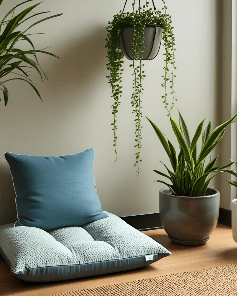 A peaceful meditation corner with a comfortable cushion, indoor plants, and soft ambient lighting