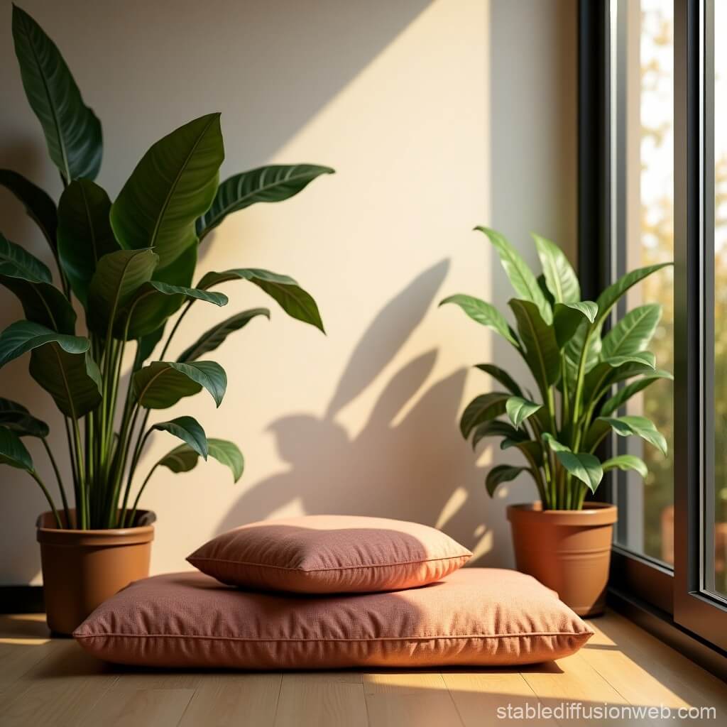 A peaceful meditation corner with a comfortable cushion, indoor plants, and soft ambient lighting