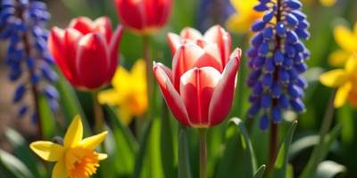 A vibrant March garden with blooming tulips, hyacinths, and daffodils amidst fresh green foliage bathed in warm sunlight