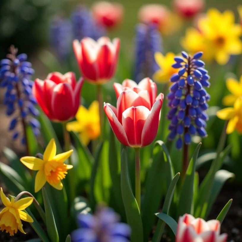 A vibrant March garden with blooming tulips, hyacinths, and daffodils amidst fresh green foliage bathed in warm sunlight