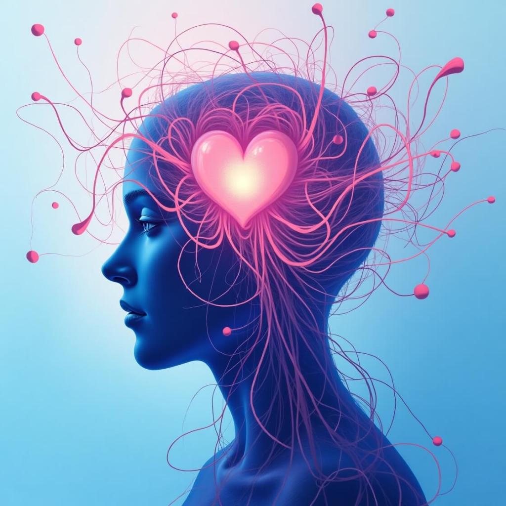 Side profile silhouette of a woman in blue, with swirling pink lines forming a radiant heart at her mind, representing the unity of emotion and thought