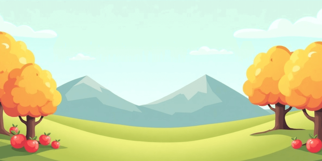 Cartoon-style illustration of a hill with apple trees and red apples, set against pale autumn mountains, evoking a peaceful, nostalgic fall atmosphere.