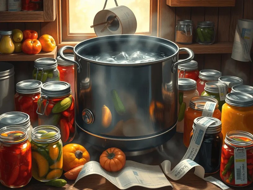 Realistic image of sealed glass jars submerged in boiling water in a large stainless steel canning pot, with steam rising and a kitchen stove background.