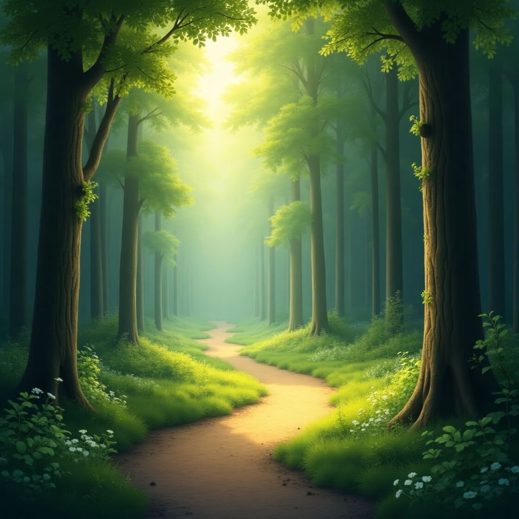 A tranquil path winding through a lush, green forest with soft sunlight filtering through the leaves.