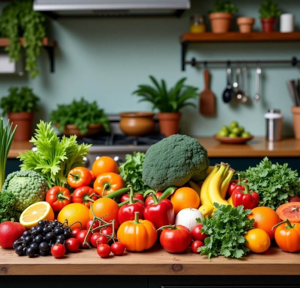 A rustic wooden table filled with colorful fresh fruits, vegetables, and whole foods in a lively kitchen setting