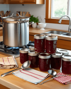 Jam jars cooling upside down after bain marie processing.