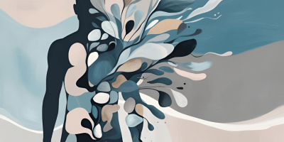 Abstract digital painting showing a human silhouette dissolving into fluid shapes in muted blues, grays, and soft pastels, with a dark top symbolizing stress and a warm glow at the bottom suggesting hope
