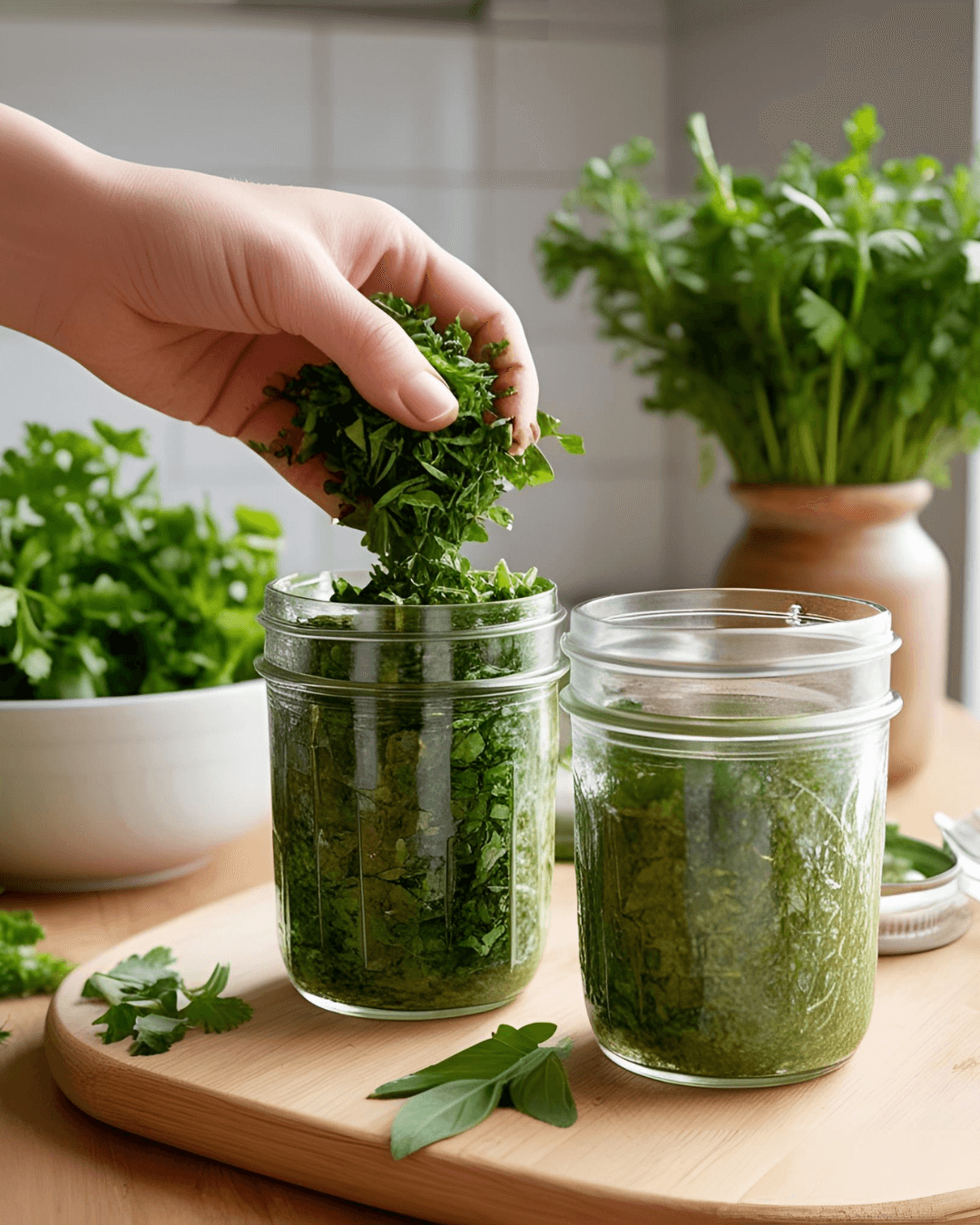 Chopped herbs in a glass jar ready for freezer storage