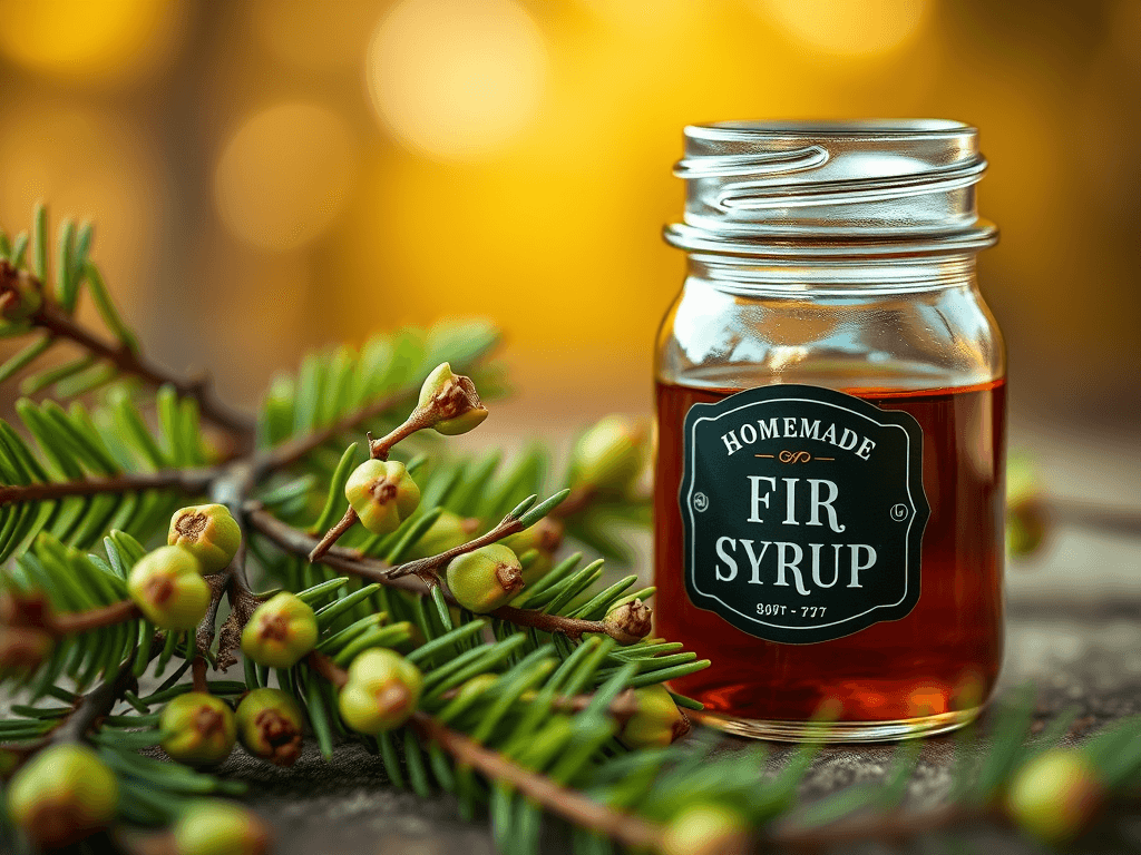 Jarr of golden homemade fir syrup surrounded by lemon and fir branches.