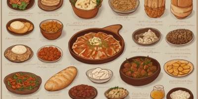 Detailed illustration of 40 dishes arranged in a list, with small colorful sketches and elegant handwritten descriptions in a Da Vinci style