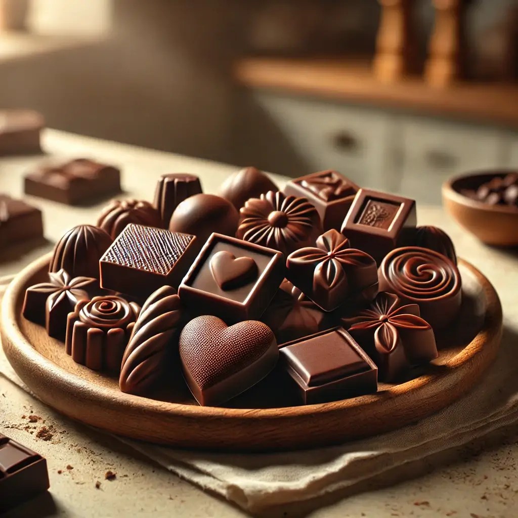 A wooden plate filled with homemade chocolate fudge in various shapes, showcasing its rich texture and deep brown color.