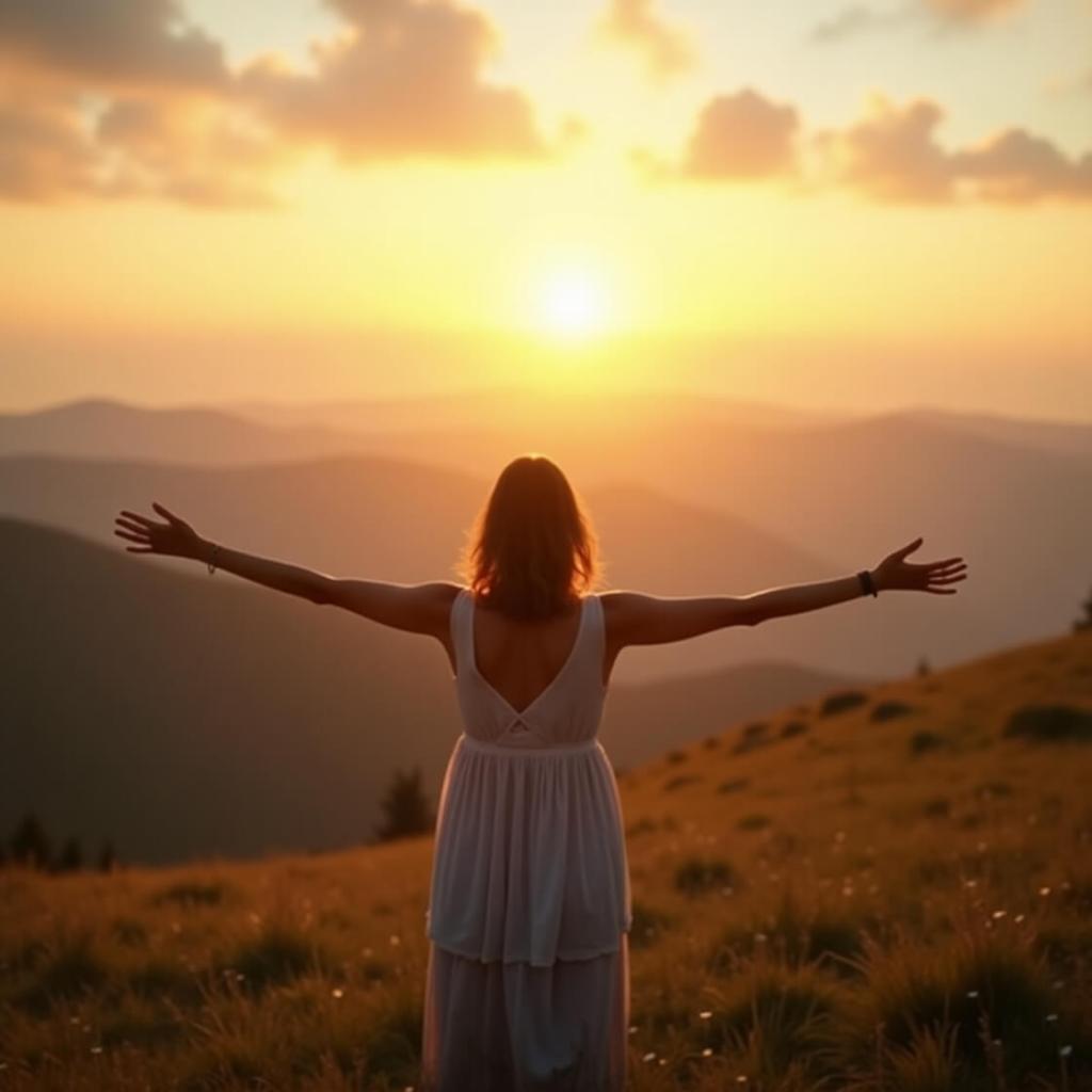 Woman in a white dress with arms outstretched at sunrise over rolling hills, symbolizing renewal and personal transformation