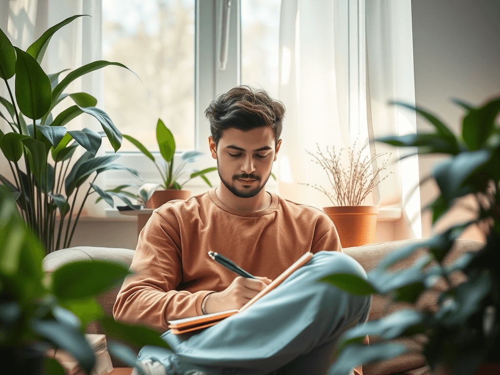Person journaling by a sunny window.