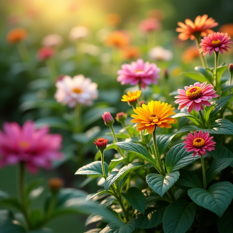 Lush June garden with vibrant flowers and greenery in soft morning light