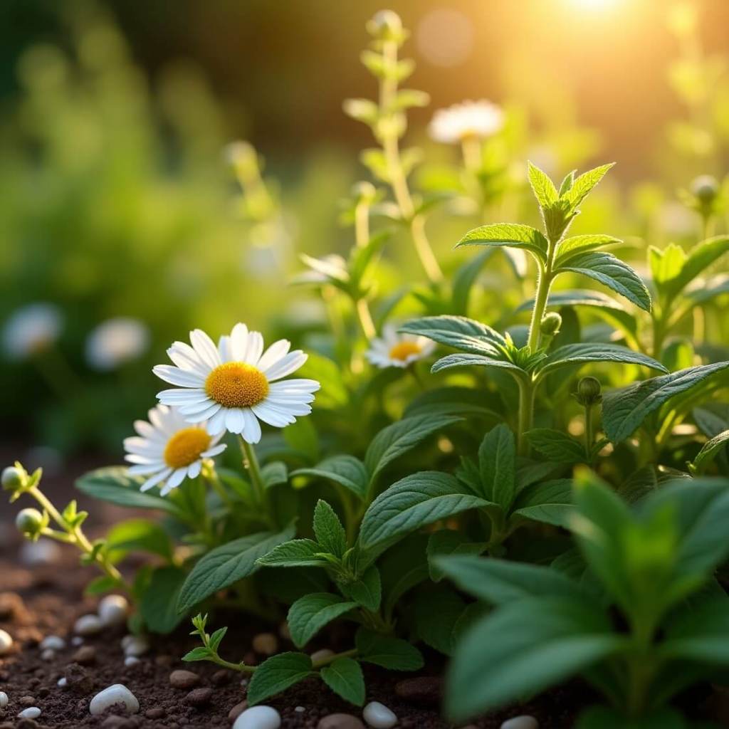 Close-up of chamomile, lemon balm, and mint thriving in a sunlit garden bed, emphasizing natural healing benefits