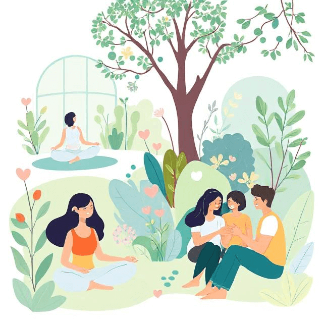 Vibrant illustration showing a person meditating in a serene garden, another engaged in light exercise, and a small group of friends sharing a supportive conversation with accents of hearts, leaves, and smile icons