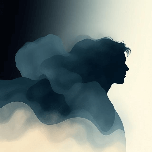 Abstract digital painting showing a human silhouette dissolving into fluid shapes in muted blues, grays, and soft pastels, with a dark top symbolizing stress and a warm glow at the bottom suggesting hope