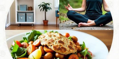 A dynamic collage featuring an organized home, a cozy wellness space, and a beautifully plated nutritious meal