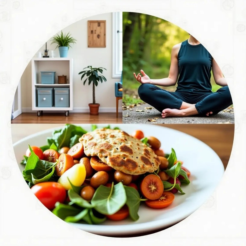 A dynamic collage featuring an organized home, a cozy wellness space, and a beautifully plated nutritious meal
