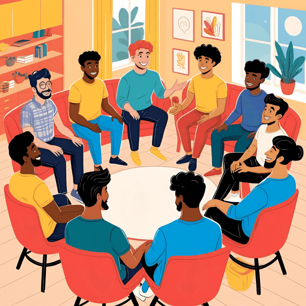 Modern illustration of a diverse group of people gathered in a cozy room, seated in a circle, smiling and engaging in supportive conversation