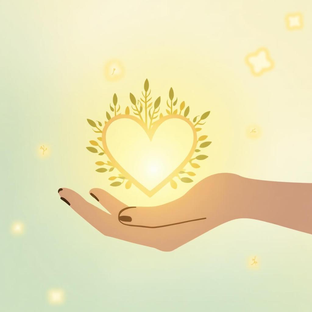 Digital illustration of an open hand offering a glowing heart, surrounded by soft green leaves and pastel gold gradients, symbolizing generosity, community support, and holistic well-being.