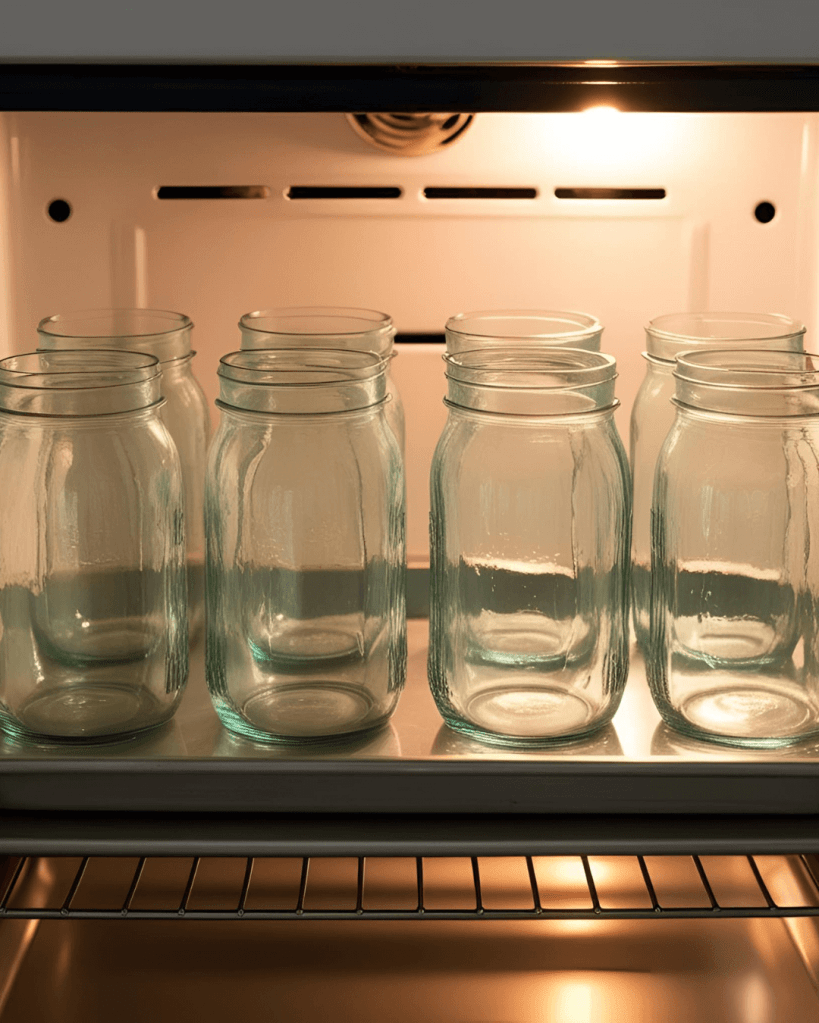Sterilizing glass jars in the oven on a metal tray