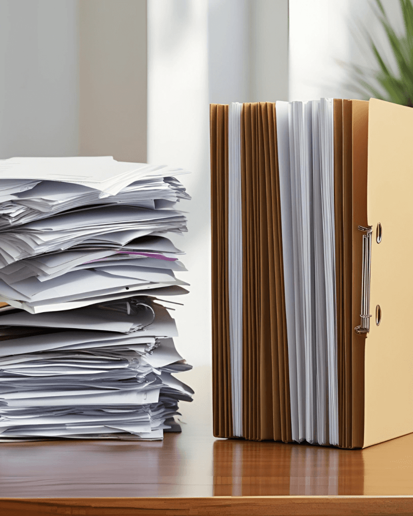 A messy stack of papers next to an organized file folder on a desk