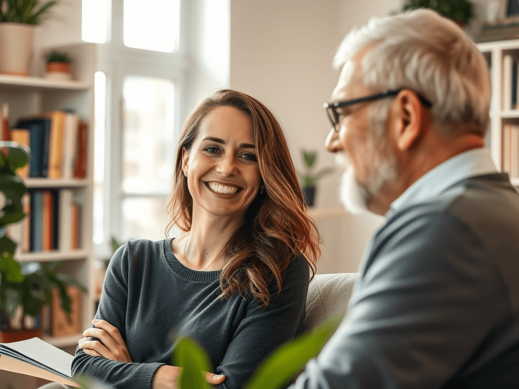 Therapy session in a warm, calming space with a smiling woman and a kind psychologist