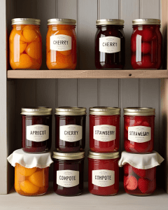 Preserved jars stored on a pantry shelf after bain marie.