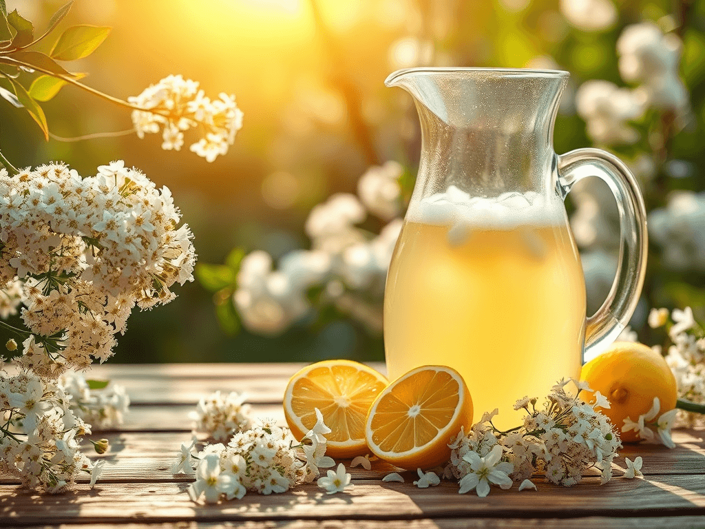 A glass pitcher filled with homemade elderflower cordial and ice, surrounded by fresh elderflowers and lemons