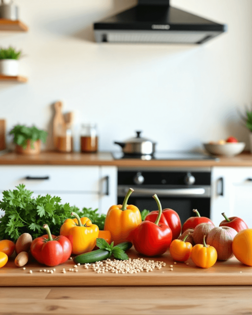 Rustic wooden table adorned with an array of vibrant, fresh vegetables against a modern kitchen backdrop, symbolizing the fusion of traditional charm and contemporary culinary innovation.
