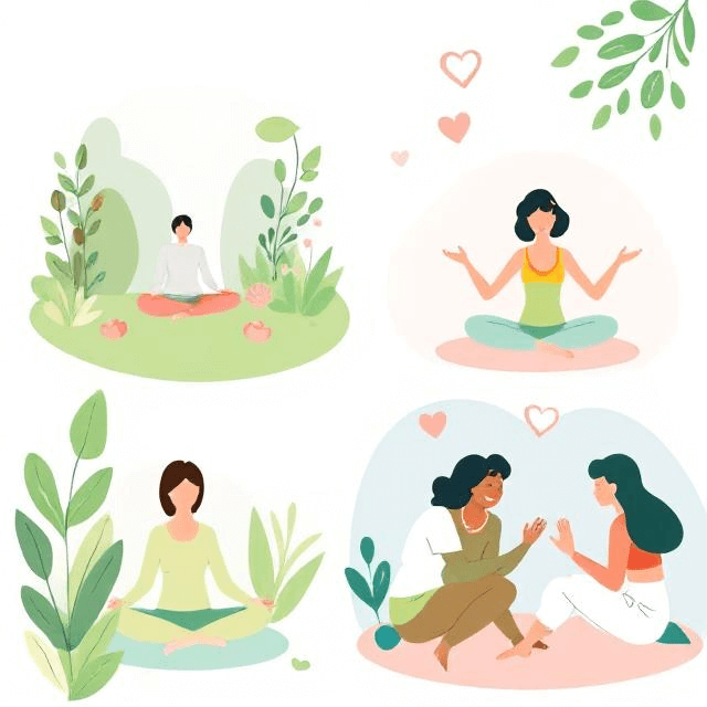 Vibrant illustration showing a person meditating in a serene garden, another engaged in light exercise, and a small group of friends sharing a supportive conversation with accents of hearts, leaves, and smile icons.