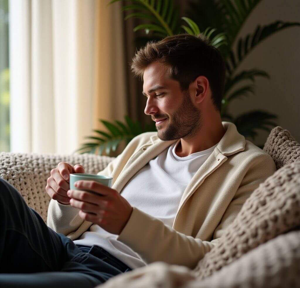 Relaxed individual practicing calming self-care at home