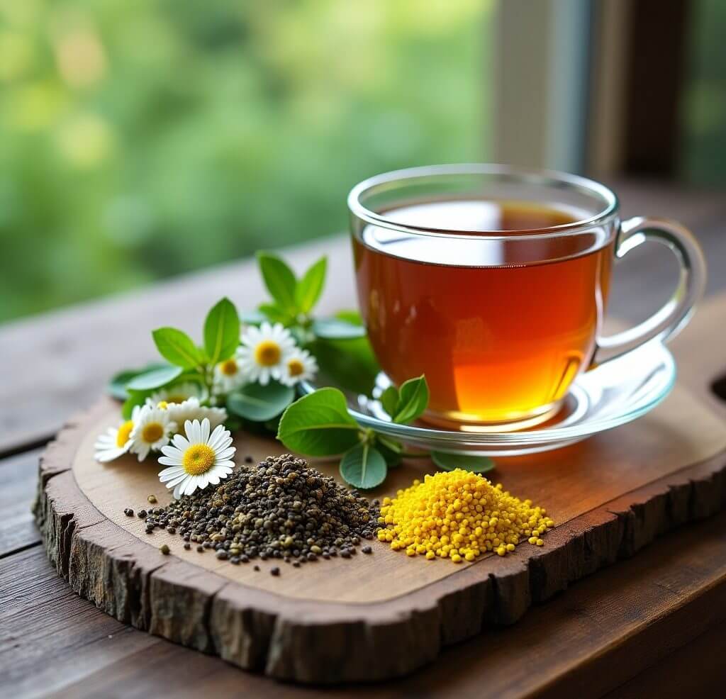Peaceful arrangement of chamomile, mint, and lemon balm on a rustic wooden table with soft natural lighting, ideal for herbal tea
