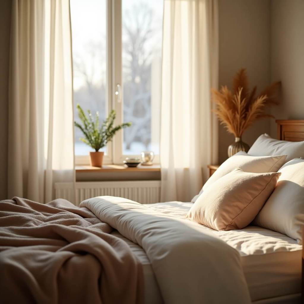Cozy bed with green plants, large open window, sunny morning, glass of water, symbolizing a healthy morning routine.