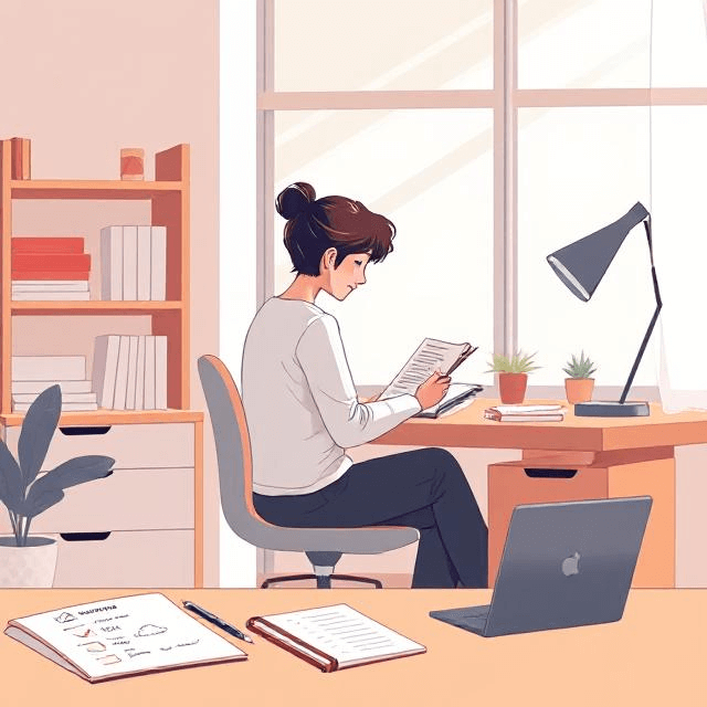 Digital illustration of a modern workspace with a person journaling at a desk, surrounded by simple icons for emotions, sleep, and self-care, illuminated by soft natural light