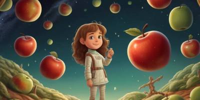 A surreal orchard with red apple trees growing in space, possibly on Mars, featuring a cartoon-style girl astronaut standing among the trees.