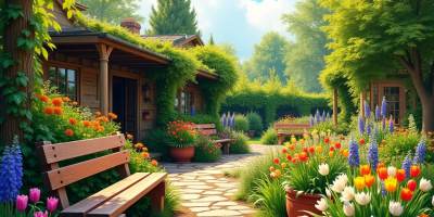 Bright and colorful spring garden with blooming flowers, lush greenery, and freshly planted vegetables under a clear blue sky