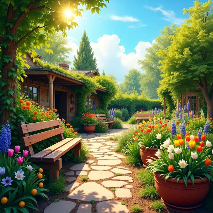 Bright and colorful spring garden with blooming flowers, lush greenery, and freshly planted vegetables under a clear blue sky