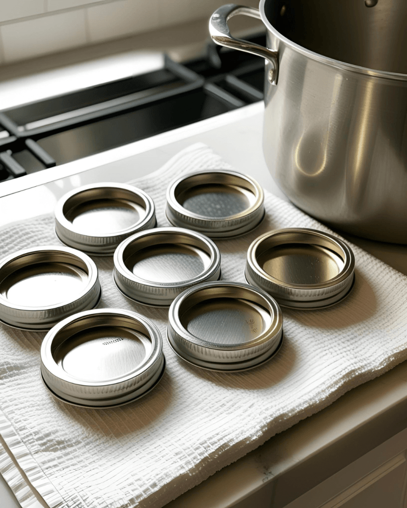 Sterilized jar lids drying on a kitchen towel.