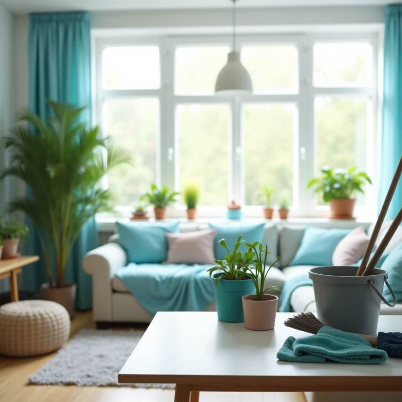 Modern home interior with white walls, minimalist décor, and subtle light blue accents, showcasing a bright, clean, and inviting space for easy home maintenance.