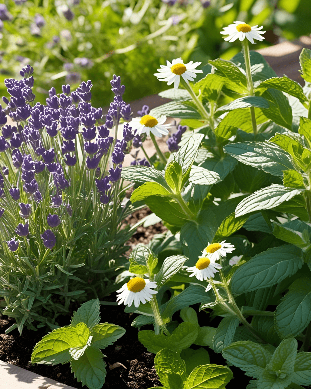 Close-up of lavender, chamomile, and mint flourishing in a sunlit, well-tended garden bed