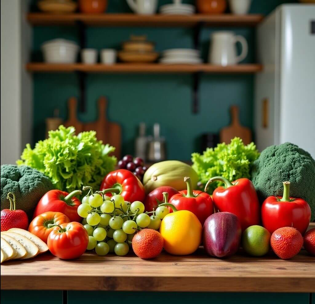A rustic wooden table filled with colorful fresh fruits, vegetables, and whole foods in a lively kitchen setting