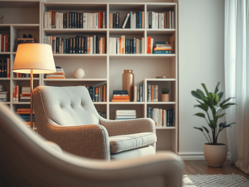 Comfortable beige armchair in a cozy psychologist’s office with a bookshelf in the background