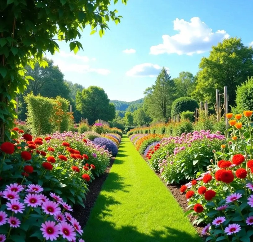 A lush May garden with vibrant flowers, healthy vegetables, and abundant greenery under a clear, sunny sky